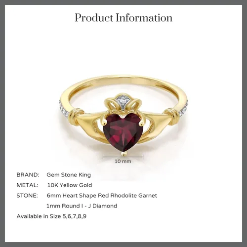 Vista 101 de Gem Stone King Anillo de compromiso claddagh celta irlandés de oro amarillo de 10 quilates con piedra preciosa en forma de corazón de 0.236 in