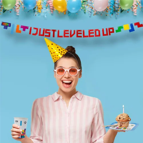Vista 5 de Tetris - Kit de fiesta en caja – Celebración, fiesta de cumpleaños, niños pequeños – 100 piezas – Videojugador – Retro – Suministros de fiesta