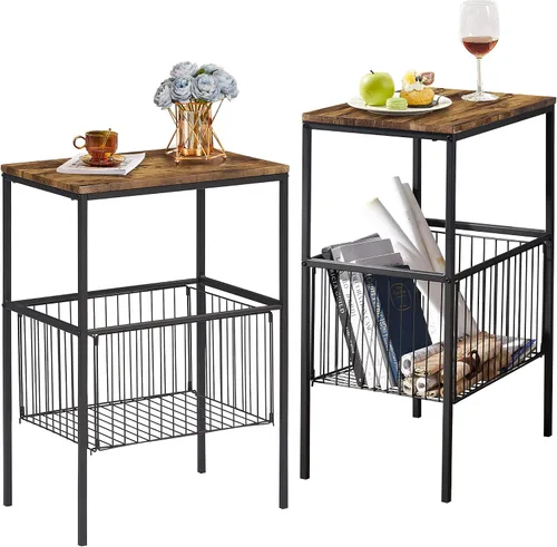 Vista 8 de VECELO Mesa auxiliar alta con cesta de metal, mesita de noche con estante organizador de almacenamiento, mesita de noche de madera con marco