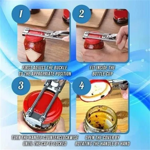 Vista 4 de Abrelatas de acero inoxidable ajustable para manos débiles, abridor de latas de acero inoxidable ajustable, abridor de tapas herméticas, accesorios