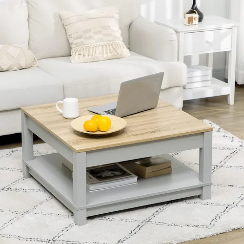 Vista 7 de HOMCOM Mesa auxiliar, mesa central de 2 niveles con estante de almacenamiento y parte superior texturizada de madera, mesa cuadrada para sala