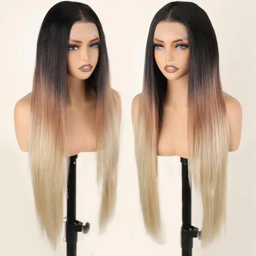 Vista 11 de SOKU 13x6 Peluca de encaje frontal HD transparente de 32" con cabello de bebé sintético pre-depilado resistente al calor de parte libre marrón