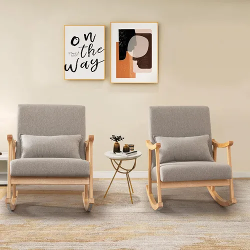Vista 10 de Giantex Mecedora tapizada – Moderna mecedora con marco de madera de goma, cómodo respaldo y asiento, almohada acolchada de polipropileno, mecedora