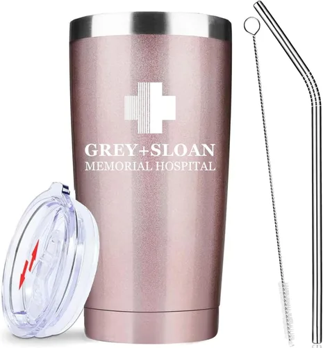 Vista 8 de Greys Grays Anatomy Merchandising, mercancía de programa de televisión, vaso de café helado de acero inoxidable aislado de 20 onzas con tapa, popote