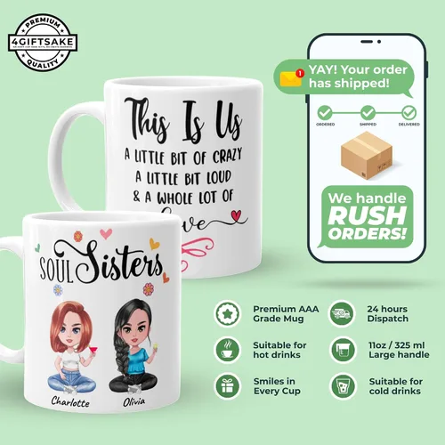 Vista 2 de Taza personalizada de mejores amigas - Taza de té o café personalizada - Regalo para mejores amigas - Personalizable con nombre y cita - Taza