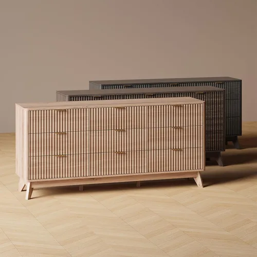 Vista 9 de Cómoda acanalada con 9 cajones de 63 pulgadas de ancho para dormitorio, borde curvado, roble Wooden Closet Organizer for Bedroom,Fluted Dresser with