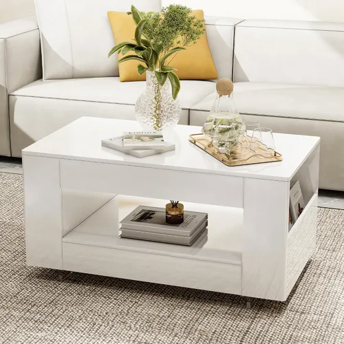 Vista 11 de Mesa de centro de grano de madera con estante abierto, mesa de cóctel moderna de alto brillo para sala de estar, dormitorio, oficina