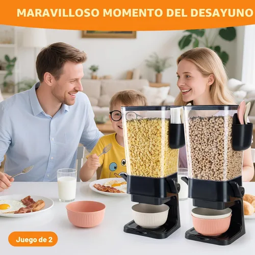 Vista 2 de Osacoe Dispensador de cereales para encimera, color negro, paquete de 2 con cuencos, cucharas, caja de cubiertos, dispensador de alimentos secos