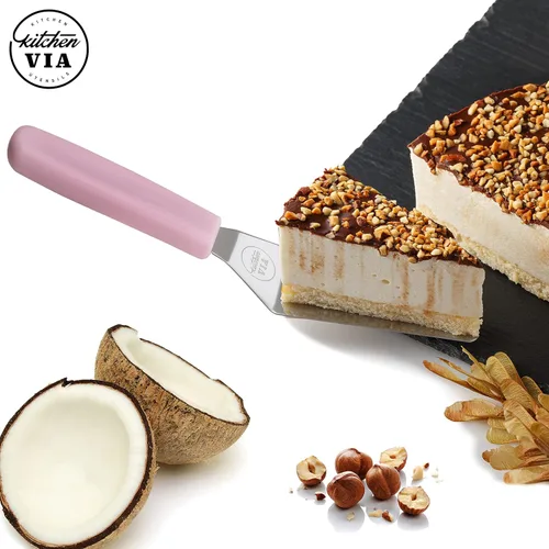 Vista 2 de Espátula para galletas con mango rosa, pequeña, antiadherente y resistente al calor para pasteles, panqueques y pizza perfectos