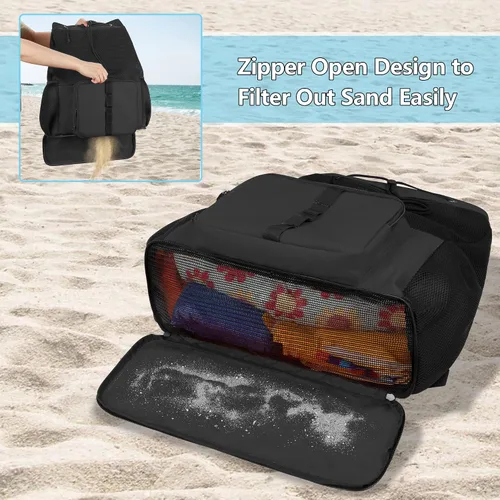 Vista 3 de Fasrom Mochila de playa de malla con cremallera inferior, mochila deportiva para gimnasio, natación, playa, piscina y viajes (diseño patente), Negro