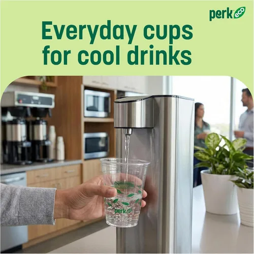 Vista 4 de Perk Staples Vaso frío plástico compostable, 12 onzas, transparente/verde, 300/cartón (PK56195)