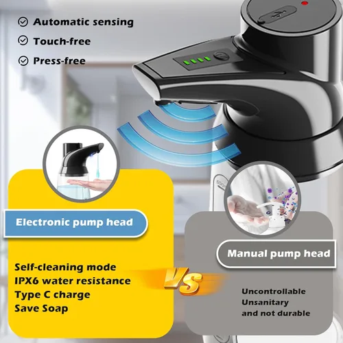 Vista 3 de Paquete de 2 dispensadores automáticos de jabón líquido sin contacto, negro, 4 niveles ajustables, moderno, tipo C, recargable, sensor eléctrico