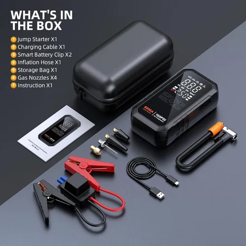 Vista 8 de Iniciador de 10 en 1 con compresor de aire 6000A 26800mAh 160PSI Iniciador de batería de coche portátil (todo gas/12L diésel), caja de arranque