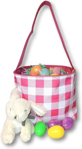 Vista 4 de Check Fabric Bucket Basket Bolsa de mano - Juguetes para niños - Pascua - Bebé - Puede ser personalizado Rosa (Pink Check)