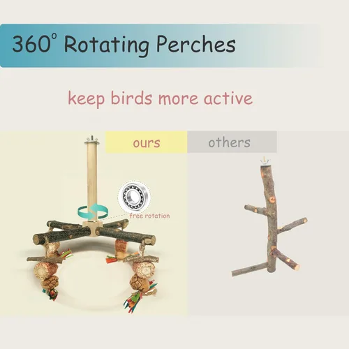 Vista 3 de Perca giratoria de 360° con juguetes naturales para masticar, accesorios de jaula de juguetes para pájaros giratorios, soporte de madera