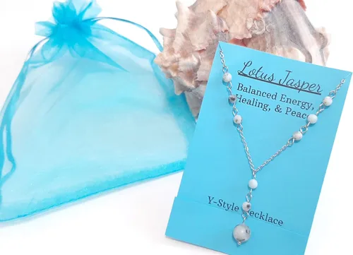 Vista 4 de Natural Crystal Bead Lotus Jasper Stone Y Shaped Lariat Necklace Non-Tarnish Steel Chain