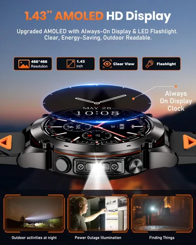Vista 4 de GPS Military Smart Watch for Men with Bluetooth Call, 1.43" AMOLED Waterproof Smart Watch with Flashlight, 170+ Sport Mode, 730mAh Heart