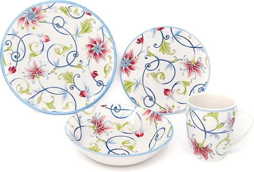 Vista 11 de Tudor Royal - Juego de vajilla redonda de porcelana de 12 piezas, servicio para 4, diseño botánico, flores de verano, platos, cuencos, brillante