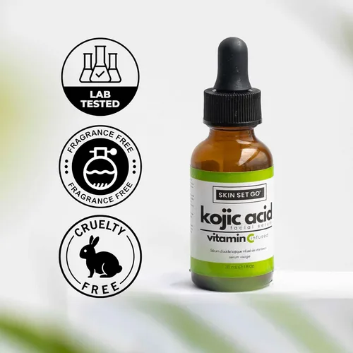 Vista 7 de SkinSetGo - Suero de ácido kójico para cara y cuerpo, ácido kójico prémium con vitamina C, mezcla AHA y BHA, suero diario ligero de 1 onza
