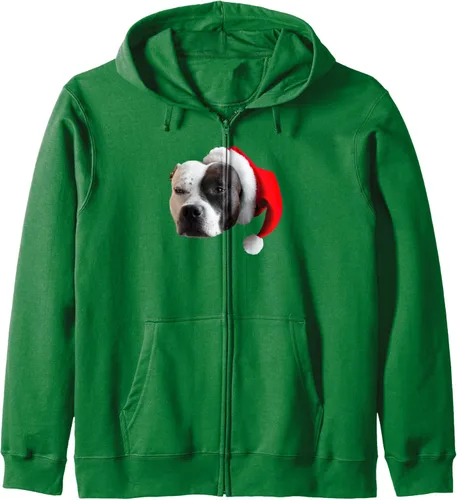 Vista 7 de Cute Pit Bull Terrier Santa Hat Image Christmas Dog Pittie Zip Hoodie Negro