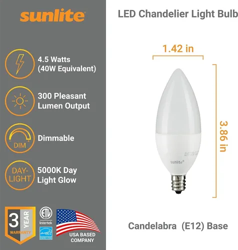 Vista 2 de Sunlite Bombilla LED B11 con punta de torpedo esmerilada, 4.5 vatios (equivalente a 40 W) 300 lúmenes, base de candelabro E12, regulable, 5000K luz