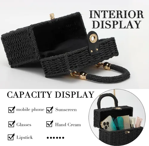 Vista 5 de Fecialy Bolso de mano de ratán tejido a mano para mujer, bolso de mano de paja para playa, bolso cruzado cuadrado bohemio