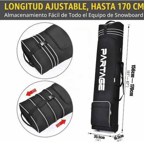 Vista 5 de Partage Bolsa de snowboard con ruedas, bolsa de snowboard para viajes aéreos, longitud ajustable hasta 66.9 in, Oxford resistente al agua 600D