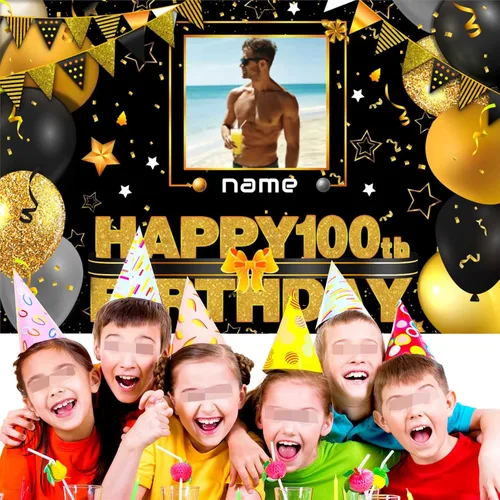 Vista 5 de Cartel decorativo personalizado de feliz cumpleaños número 100 - Personalización disponible - Negro y dorado - Tamaño grande - Admite fotos