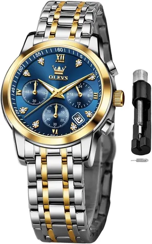 Vista 20 de OLEVS Reloj multifuncional de dos tonos para mujer, reloj analógico de cuarzo para mujer, de acero inoxidable, resistente al agua, con diamantes