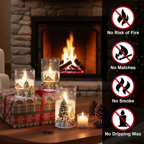Vista 3 de Velas de cristal sin llama de casa de muñeco de nieve a pilas, con control remoto y temporizador; velas LED parpadeantes de cera real, luz blanca