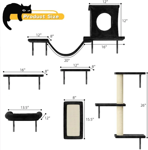 Vista 8 de NUNU LAB Estantes de muro para gatos, juego de 6 piezas de lujo montado en la pared, muebles para gatos interiores con 1 casa tipo condominio, 2