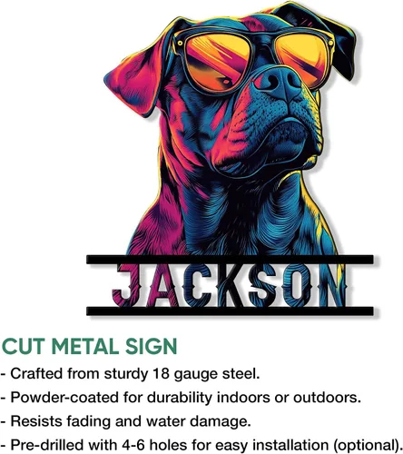 Vista 2 de Letrero de metal personalizado con diseño de perro Pitbull, bandera de Estados Unidos, letrero colgante para porche al aire libre, bienvenida