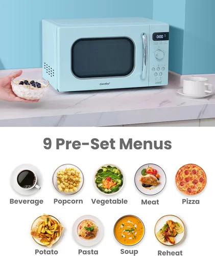 Vista 3 de COMFEE' - Horno microondas retro de tamaño compacto para encimera, base giratoria con memoria de posición, botón de encendido y apagado de sonido