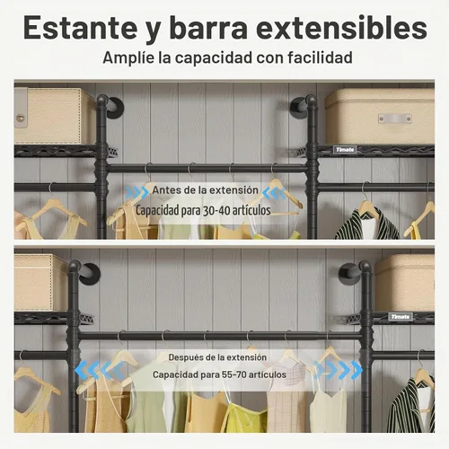 Vista 3 de Timate F3 - Perchero de pared mediano ampliable, perchero industrial para colgar ropa, perchero resistente con estantes, sistema de armario de pared