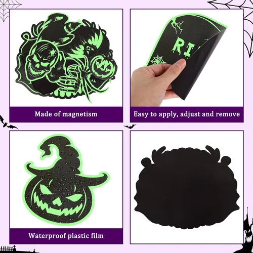 Vista 5 de 90shine Imanes de decoración de puerta de garaje de Halloween: murciélagos magnéticos que brillan en la oscuridad, lápida, fantasma, calabaza, feliz