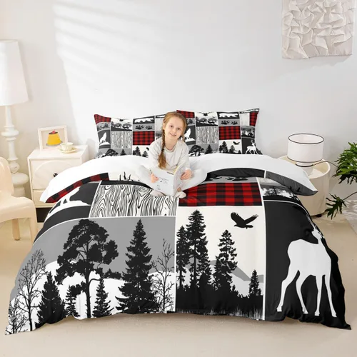 Vista 39 de Juego de funda de edredón para niños de ciervo, oso, lobo, tamaño individual, juego de ropa de cama de cabaña de aventura para niños, niñas