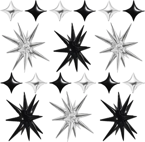 Vista 56 de TONIFUL 4 globos 4D enormes de estrella negra de 22 pulgadas, globos de aluminio de Mylar de estrella explosión para suministros de fiesta, telón