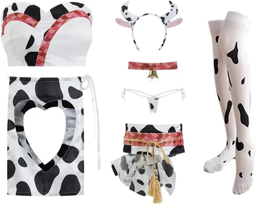 Vista 6 de SINROYEE Conjunto de bikini de vaca de anime para mujer, conjunto de brasier y bragas japonesas Kawaii sirvienta