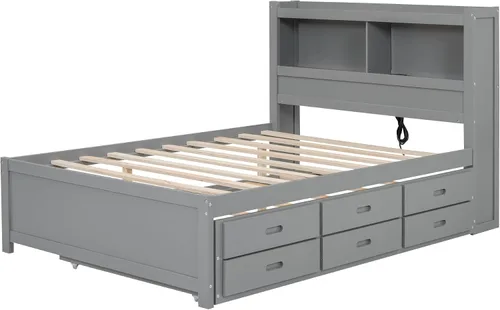 Vista 7 de Polibi Cama de plataforma de tamaño matrimonial con nido individual, marco de cama de madera de pino con almacenamiento, estantería, cajones y Gris