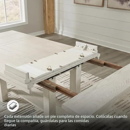 Vista 5 de Signature Design by Ashley Robbinsdale - Mesa extensible para comedor con centro abatible removible, estilo casual, con base de caballete, madera
