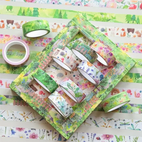 Vista 4 de YUBBAEX 10 Rollos Juego de Cinta Washi de Cuatro Estaciones Hierba Verde y Flores Cintas Decorativas de Enmascarar (Primavera)