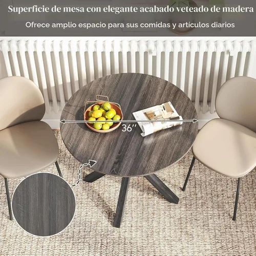 Vista 4 de Giantex Mesa de comedor redonda de 36" para 4, mesa de cocina estilo granja con patas de madera de goma, almohadillas ajustables para pies, mesas