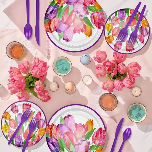 Vista 4 de APOWBLS Vajilla de decoración floral de tulipanes para fiesta, suministros de fiesta de flores de tulipán para cumpleaños, baby shower, plato