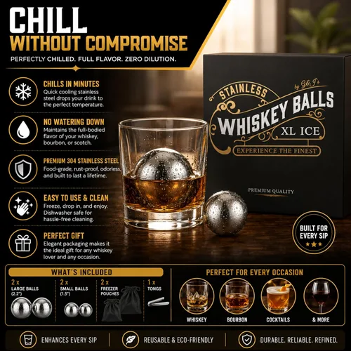 Vista 5 de G&J's Finest Premium - Juego de 4 bolas de acero inoxidable para whisky, 2 bolas extragrandes y 2 de gran tamaño con bolsas para congelador y pinzas
