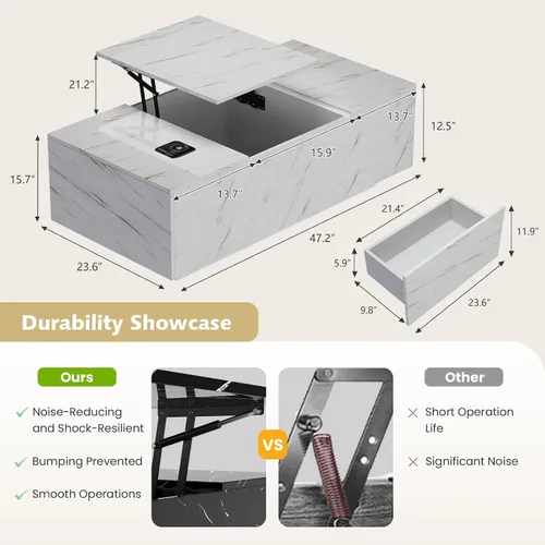 Vista 2 de Mesa de centro LED, mesas de centro elevables de 47.2 pulgadas con cajones y gran almacenamiento, mesa inteligente para sala de estar con carga