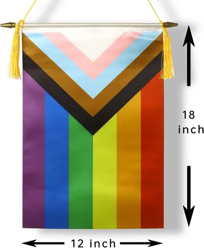 Vista 2 de CANTENDO Paquete de 2 banderas de pared con diseño de arco iris del progreso del orgullo progresivo, bandera colgante gay LGBTQ con poste colgante