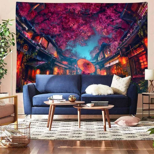 Vista 5 de Aidatain Tapiz de anime japonés antiguo japonés de paisaje de calle nocturna, tapiz de farol de flor de cerezo, tapiz grande de 80 x 60 pulgadas