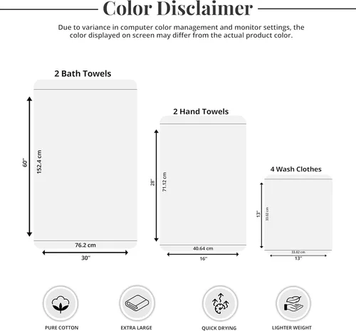 Vista 7 de Tens Towels Juego de 8 toallas, 2 extra grandes para baño, 2 para manos, 4 paños, 100% algodón, peso más ligero, secan más rápido, superabsorbentes