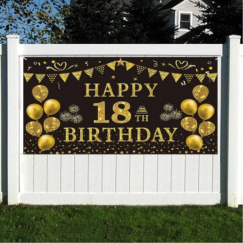 Vista 6 de Trgowaul Decoraciones de cumpleaños número 18 para hombres, pancarta de fondo negro y dorado de 5.9 x 3.6 pies, suministros de fotografía de feliz