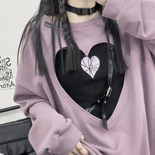 Vista 6 de YEMOCILE Women's Harajuku Kawaii Crew Neck Sweatshirt Oversized Japanese Style Gothic Heart Hollow Tops Pullover